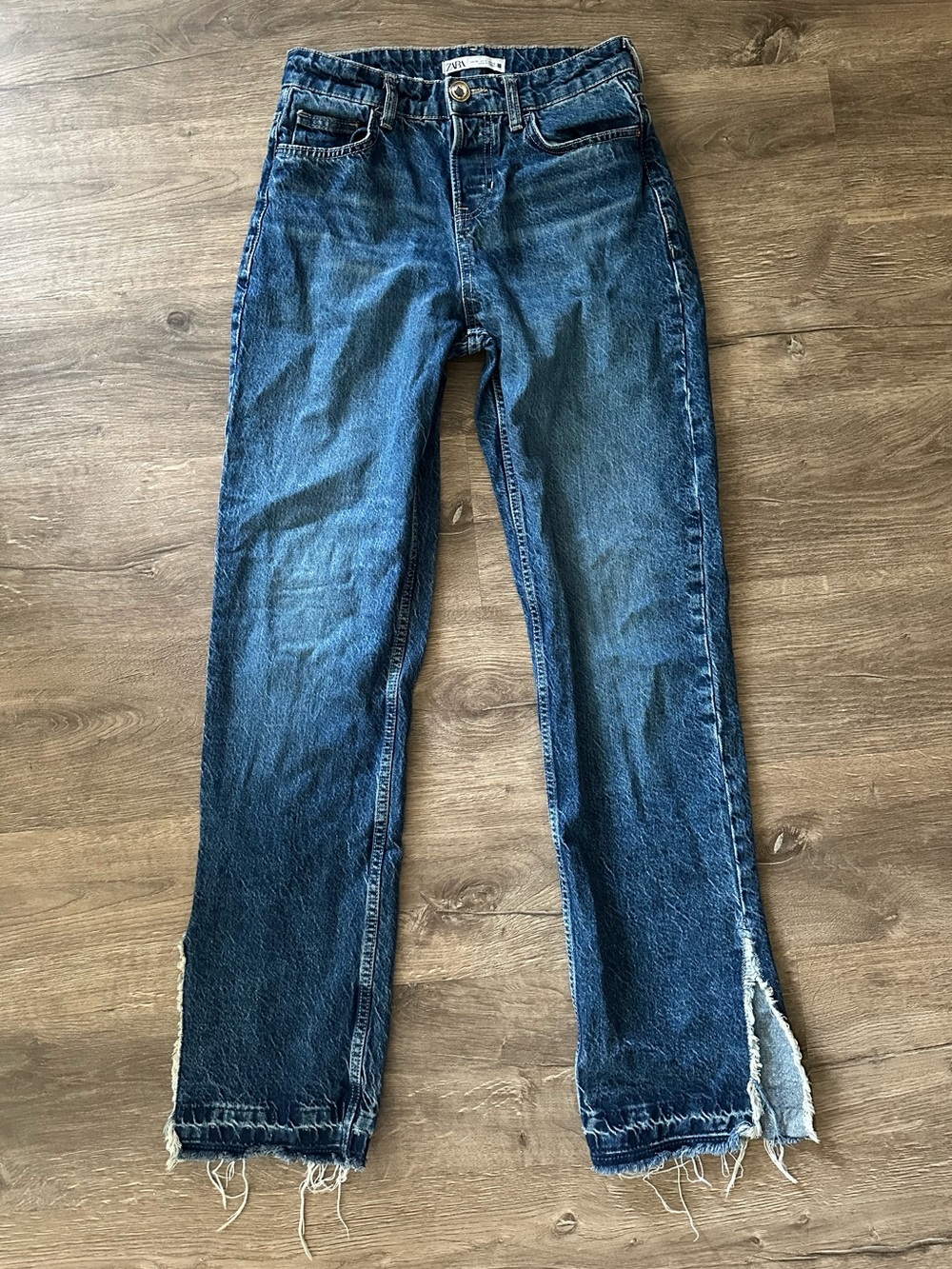 Zara Medium Blue Denim Jeans with Split Leg on the Bottom Button Fly